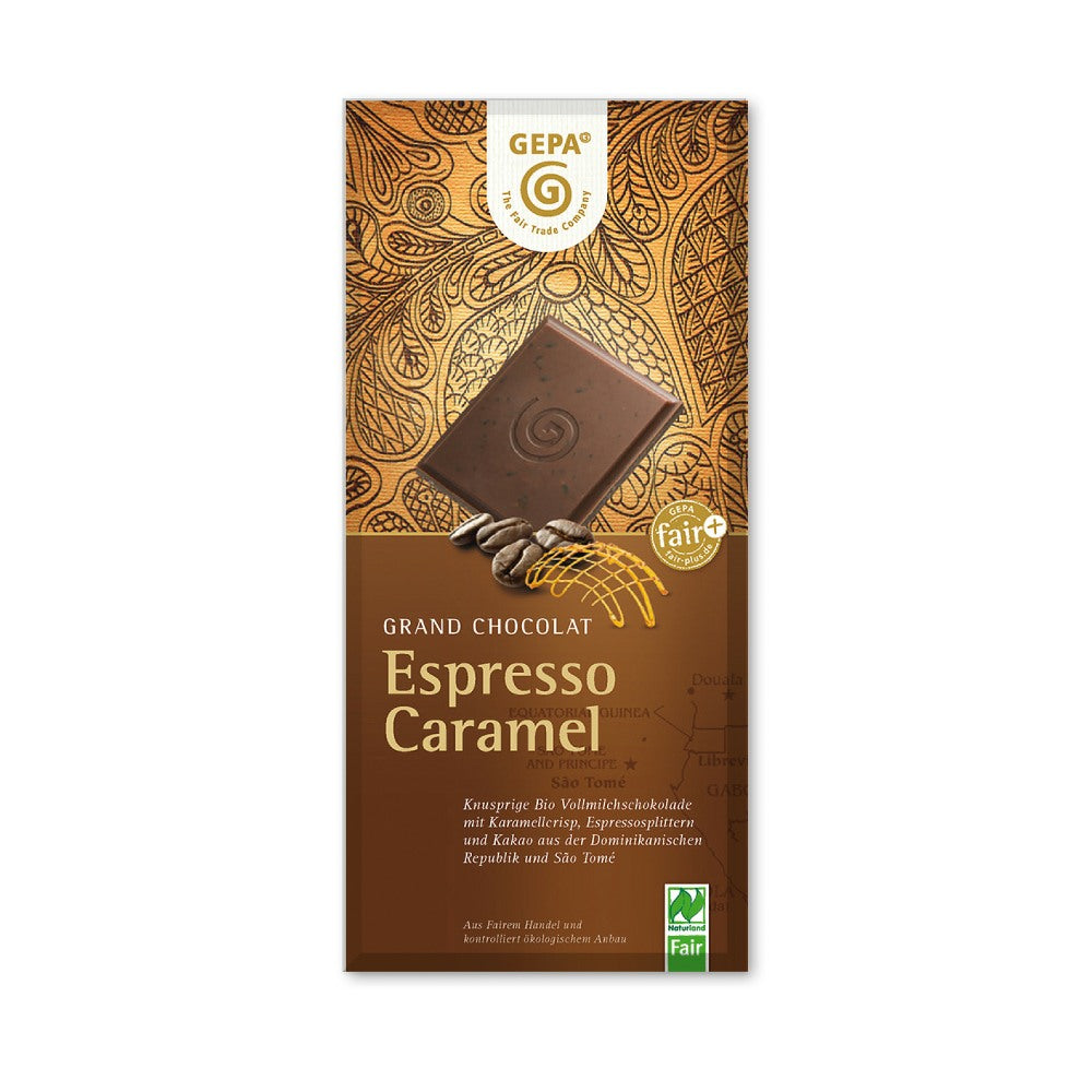 Bio Vollmilchschokolade mit Espresso und Karamellcrisp