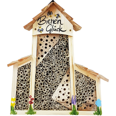 Bienenhotel groß mit Anbau "Bienen Glück" mit Lamellendach natur