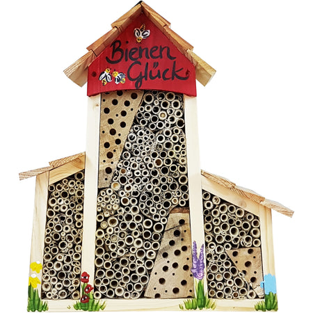 Bienenhotel groß mit Anbau "Bienen Glück" mit Lamellendach rot