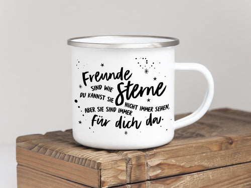 EMAILLE BECHER Retro Tasse FREUNDE SIND WIE STERNE